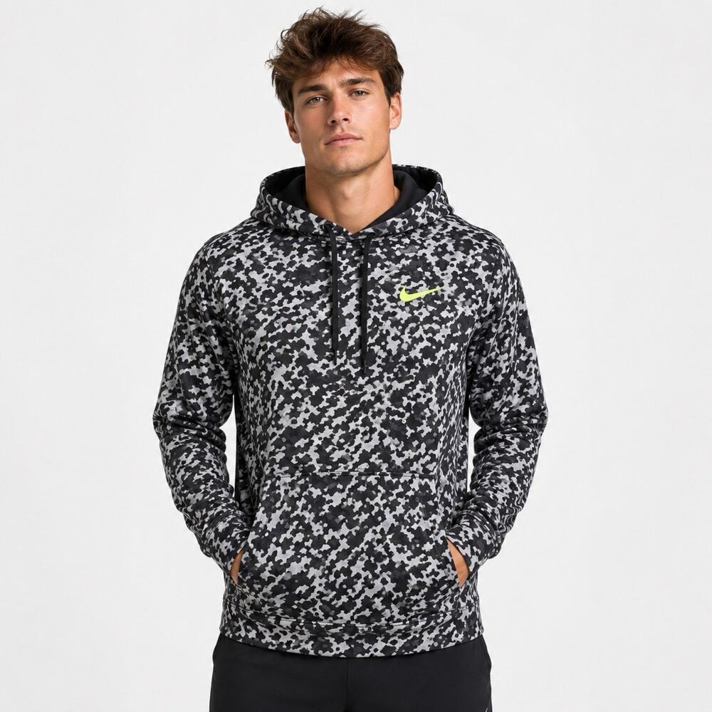 Nike Mens Gray Black Camo Hoodie Neon Swoosh Therma Fit Performance Pullover XL